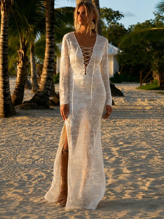 Lucia Dresses & Skirts - Crochet Knit Bohemian Lace Up Maxi Resort Beachside Cover-Up Split Thigh Dress